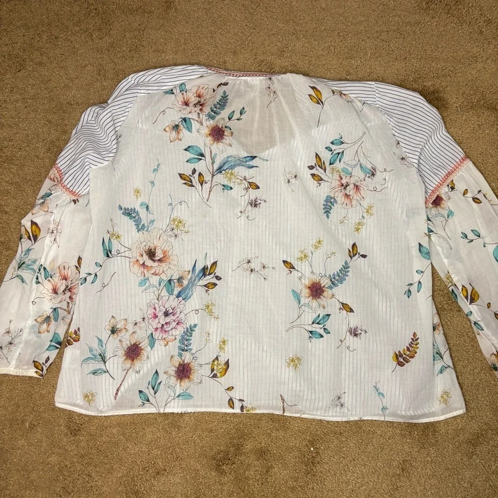 Johnny Was Workshop Effortless Puff Sleeve Peasant Blouse Tassel Scarf Mix Sz S